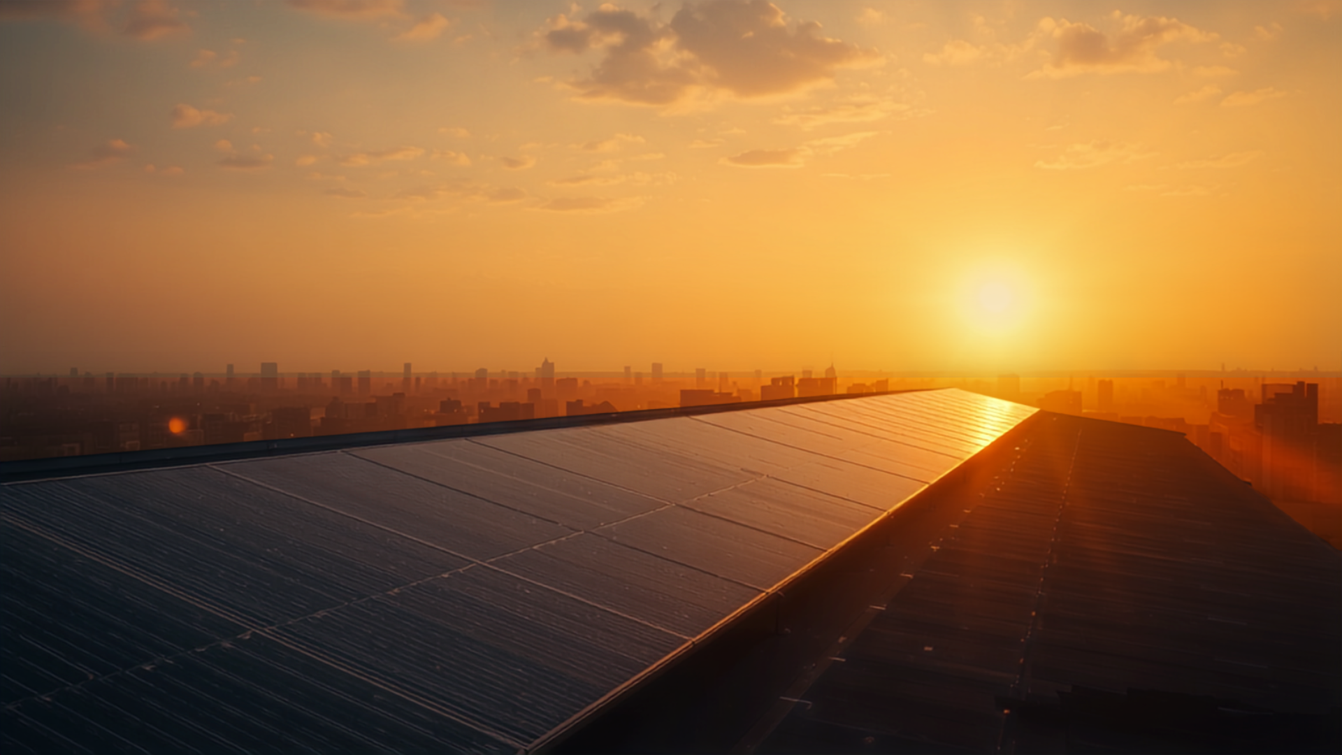 Rooftop solar panels at sunset over a city skyline